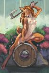  2019 anthro axe blonde_hair blue_eyes breasts cervid day di19826 female fur grass hair hi_res hooves mammal melee_weapon navel nipples nude outside pink_nipples plant pussy rock shield solo tan_fur weapon white_belly white_fur 