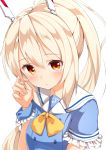  1girl alternate_costume ame. anchor_symbol ayanami_(azur_lane) azur_lane bangs blonde_hair blue_shirt blush bow breasts commentary_request eyebrows_visible_through_hair frilled_sleeves frills hair_between_eyes hand_up headgear high_ponytail highres long_hair looking_at_viewer parted_lips ponytail puffy_short_sleeves puffy_sleeves red_eyes sailor_collar shirt short_sleeves simple_background small_breasts solo upper_body very_long_hair white_background white_sailor_collar yellow_bow 