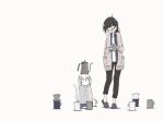  1girl animal bangs black_hair black_pants blue_shirt cat clothed_animal collared_shirt cup east_sha2 glasses holding holding_cup kettle long_sleeves medium_hair no_nose original pants pocket shirt slippers striped striped_shirt tail white_background white_cat white_shirt 