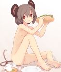 1girl :t animal_ears bird brown_eyes chicken cookie_(touhou) eating flat_chest food grey_hair highres hot_dog jitome miyako_(naotsugu) mouse_ears mouse_tail nazrin noodles nude nyon_(cookie) plate pussy ramen ribs short_hair sitting tail touhou 