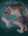  2019 anthro black_nose blood blue_eyes canid canine canis chest_fur claws clothing detailed_background digital_media_(artwork) fangs fur male mammal multicolored_fur nipples open_mouth otherwords rakan scar solo teeth toe_claws toes tongue tongue_out torn_clothing transformation two_tone_fur were werecanid werecanine werewolf wolf 