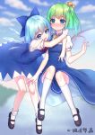  2girls :d absurdres bangs black_footwear blue_dress blue_eyes blue_hair blush bow chi_yei cirno closed_mouth cloud daiyousei dress eyebrows_visible_through_hair fairy_wings flying full_body green_hair hair_bow highres hug ice ice_wings kneehighs looking_at_viewer looking_back mary_janes multiple_girls nose_blush open_mouth pinafore_dress puffy_short_sleeves puffy_sleeves red_bow shirt shoes short_hair short_sleeves side_ponytail sky smile touhou white_legwear white_shirt wind wind_lift wings yellow_bow 
