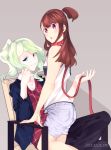 2girls absurdres alternate_hairstyle artist_request blue_eyes blush brown_hair chair collar couple diana_cavendish highres jacket kagari_atsuko leash little_witch_academia multicolored_hair multiple_girls open_mouth pet ponytail red_eyes shorts sitting smirk surprised tank_top two-tone_hair yuri 