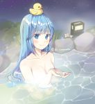  1girl bathing blue_eyes blue_hair blush breasts cleavage collarbone convenient_censoring eyebrows_visible_through_hair la_campanella long_hair looking_at_viewer medium_breasts night night_sky nude onsen original outdoors partially_submerged shiny shiny_hair sky smile solo star_(sky) starry_sky steam steam_censor water 