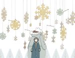  1girl animal bangs black_eyes black_hair blush clothed_animal east_sha2 expressionless hood hood_down hooded_jacket jacket long_sleeves mobile no_nose original plaid short_hair snowflakes tree winter_clothes 