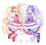  2girls absurdly_long_hair bangs blonde_hair boots bow bowtie cure_amour cure_macherie detached_sleeves dress eyebrows_visible_through_hair floating_hair gloves hair_bow highres hugtto!_precure layered_dress lazy_orange long_hair long_sleeves looking_at_viewer multiple_girls pink_footwear precure purple_eyes purple_footwear purple_legwear red_bow red_neckwear short_dress silver_hair thighhighs twintails very_long_hair white_background white_gloves white_legwear white_sleeves 