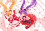  2girls :d asahina_mirai black_headwear blonde_hair bow choker closed_mouth cure_magical cure_miracle dress frills full_body gloves hair_bow hairband hand_holding hat holding holding_wand izayoi_liko long_hair looking_at_viewer magical_girl mahou_girls_precure! mini_hat mini_witch_hat multiple_girls open_mouth petals pf pink_headwear precure purple_eyes purple_hair red_bow red_dress red_footwear red_hairband red_legwear ruby_style shoes smile striped striped_bow thighhighs twintails wand white_gloves white_legwear witch_hat 