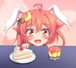  1girl ahoge animal_ears bangs black_ribbon blush bunny_ears cake commentary_request crescent crescent_hair_ornament drooling eyebrows_visible_through_hair fang food fruit hair_between_eyes hair_ornament hair_ribbon kantai_collection long_hair open_mouth plate pudding red_eyes red_hair ribbon shiruzu_(sk10102194) slice_of_cake solo strawberry table uzuki_(kantai_collection) 