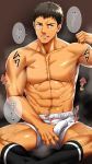  1boy abs bandage body_hair flexing hihumi male_focus muscle nipples pecs pose shorts sitting smile socks solo steam sweat teeth topless undressing 