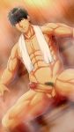  1boy abs bara brown_eyes brown_hair erection hihumi male_focus muscle nude pecs penis pubic_hair sitting smile solo steam sweat testicles wet 