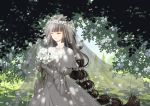  1girl bangs blue_sky blunt_bangs bouquet bracelet brown_hair dappled_sunlight day dress elbow_gloves eyes_closed facing_viewer flower gloves head_wreath holding holding_bouquet jewelry lily_(flower) long_hair long_neck necklace noah_fantasy official_art outdoors seeker sky solo standing sunlight tree veil very_long_hair wedding_dress white_gloves 