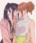  2girls alternate_costume arm_around_waist bare_arms black_hair blush brown_hair collar_up earrings eyepatch female gintama jewelry long_hair multiple_girls penginius ponytail simple_background sketch skirt sleeveless yagyuu_kyuubei yuri 