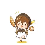  1girl bread brown_hair chibi dress esaka eyes_closed food hat jewelry money octopath_traveler open_mouth short_hair simple_background smile solo tressa_(octopath_traveler) white_background 