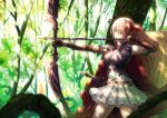  1girl absurdres arisa_(shadowverse) arrow blonde_hair bow_(weapon) breasts brown_gloves cape drawing_bow elbow_gloves foliage fujifuji924 gloves green_eyes hair_between_eyes highres long_hair medium_breasts quiver red_cape shadowverse skirt solo sword thighs tree weapon 