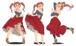  1girl bare_shoulders barefoot blush breasts cleavage dragon_quest dragon_quest_viii dress feet full_body high_heels highres jessica_albert large_breasts lifted_by_self miyama_(kannsannn) one_eye_closed orange_eyes pantyhose skirt skirt_lift smile solo_focus strapless strapless_dress twintails 