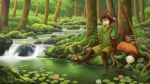  16:9 2019 anthro barefoot canid canine day detailed_background digital_media_(artwork) fox fur grass kacey mammal moss orange_fur outside partially_submerged smile solo tree water waterfall 
