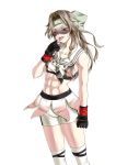  1girl abs adapted_costume bike_shorts blood blood_on_face blood_splatter bloody_hands brown_eyes brown_hair eyebrows_visible_through_hair fingerless_gloves gloves hair_intakes half_updo jintsuu_(kantai_collection) kantai_collection long_hair looking_at_viewer midriff mma_gloves muscle muscular_female navel rigid rigidsteed shorts simple_background sports_bra 