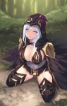  1girl ashe_(league_of_legends) bangs black_legwear blue_eyes blush breasts cait cape cleavage closed_mouth commentary english_commentary forest from_above full_body hair_between_eyes highres hood kneeling large_breasts league_of_legends long_hair nature outdoors shoulder_armor sidelocks silver_hair solo spaulders thighhighs 
