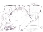  4:3 anthro belly belly_overhang big_belly black_and_white claws domestic_ferret fur hand_on_stomach hi_res love_handles male mammal monochrome moobs morbidly_obese mustela mustelid musteline navel nude obese obese_male overweight overweight_male pizza_box sharpteeth sitting sofa solo sweat thick_thighs toe_claws tongue tongue_out wide_hips 