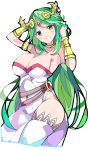  1girl armlet arms_up bangs bracer breasts circlet cleavage covered_navel dress enpe eyebrows_visible_through_hair green_eyes green_hair head_tilt highres jewelry kid_icarus large_breasts long_hair looking_at_viewer neck_ring nintendo no_panties palutena parted_bangs side_slit simple_background smile solo strapless strapless_dress thighhighs thighs very_long_hair white_background white_dress white_legwear 