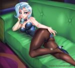  2019 alternate_species blue_hair clothed clothing colored_nails digital_media_(artwork) eyelashes female footwear friendship_is_magic fully_clothed hair high_heels horn horned_humanoid humanoid humanoidized legwear leotard lying my_little_pony on_side pantyhose purple_eyes racoon-kun shoes smile sofa solo trixie_(mlp) 