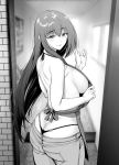  1girl apron ass back bangs bare_arms bare_shoulders blurry blurry_background blush breasts butt_crack commentary_request cowboy_shot depth_of_field doorway eyebrows_visible_through_hair from_behind gentsuki greyscale highres large_breasts long_hair looking_at_viewer looking_back monochrome original panties pants parted_lips ribbon shoulder_blades sideboob smile solo thong underwear very_long_hair whale_tail 
