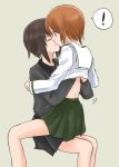  ! 2girls bangs black_skirt blush brown_eyes brown_hair closed_mouth comic commentary cowboy_shot dress_shirt eyebrows_visible_through_hair eyes_closed girls_und_panzer grey_background grey_shirt hands_on_another&#039;s_back hug imminent_kiss incest insignia invisible_chair kuromorimine_school_uniform long_sleeves looking_at_another miniskirt motion_lines multiple_girls mutsu_(layergreen) nishizumi_maho nishizumi_miho on_lap pleated_skirt school_uniform shirt short_hair siblings silent_comic simple_background sisters sitting skirt smile spoken_exclamation_mark straddling yuri 
