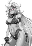  1girl ahoge bazooka_cat breasts cleavage cowboy_shot dark_skin hair_between_eyes highres laevateinn_(phantom_of_the_kill) large_breasts long_hair looking_at_viewer monochrome phantom_of_the_kill red_eyes solo swimsuit thighs very_long_hair 