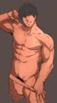  1boy abs bara body_hair facial_hair hihumi male_focus muscle naughty_face presenting smile solo teeth topless underwear undressing 