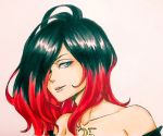  1girl bare_shoulders black_hair blue_eyes crow_(gravity_daze) detached_sleeves gravity_daze gravity_daze_2 hair_over_one_eye looking_at_viewer multicolored_hair neck red_hair solo two-tone_hair 