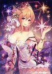  1girl bangs bare_shoulders blonde_hair blue_eyes blush breasts cleavage collarbone constellation cowboy_shot dress europa_(granblue_fantasy) eyebrows_visible_through_hair flower glint granblue_fantasy hair_between_eyes hair_flower hair_ornament hand_up homaderi large_breasts looking_at_viewer short_hair smile solo star tiara white_dress 