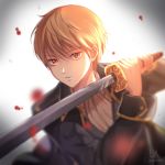  1boy artist_name black_jacket blonde_hair gintama highres holding holding_sword holding_weapon jacket katana la_campanella long_sleeves looking_at_viewer male_focus okita_sougo open_clothes open_jacket parted_lips red_eyes solo sword weapon white_neckwear 