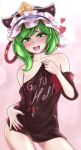  1girl absurdres blush cafeier clothes_writing collarbone detached_sleeves eyebrows_visible_through_hair fingernails gluteal_fold gradient gradient_background green_eyes green_hair hat heart highres looking_at_viewer low_neckline medium_hair nail_polish naked_shirt open_mouth pink_background red_nails shiki_eiki shirt smile solo touhou 