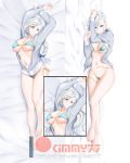  1girl alfred_cullado areolae arms_up bikini blue_bikini blue_bow blue_eyes bow braid braided_ponytail breasts dakimakura from_above from_side full_body grey_jacket hair_between_eyes hair_bow highres hood hood_down hooded_jacket jacket large_breasts long_hair looking_at_viewer lying micro_bikini multiple_views navel on_back on_side open_clothes open_jacket parted_lips patreon_logo rwby sideboob silver_hair single_braid solo swimsuit underboob untied untied_bikini very_long_hair watermark winter_schnee 