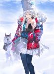  1girl anastasia_(fate/grand_order) andrian_gilang bangs black_legwear blue_eyes coat dog fate/grand_order fate_(series) fur-trimmed_coat fur_trim hat hat_ornament highres long_hair looking_at_viewer pantyhose red_coat silver_hair skirt sleeves_past_wrists snow standing white_headwear white_skirt 