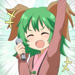  1girl :d ^_^ animal_ears aqua_background arm_up bangs blush brown_dress cato_(monocatienus) closed_eyes commentary_request dress emphasis_lines eyes_closed facing_viewer fang green_hair hand_up holding holding_microphone kasodani_kyouko long_sleeves microphone open_mouth smile solo touhou upper_body 