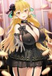  1girl bare_shoulders black_bow black_dress black_flower black_gloves black_rose blonde_hair blush bow breasts chains character_request choker cleavage commentary_request dress earrings elbow_gloves elf erect_nipples eyebrows_visible_through_hair flower garter_belt garter_straps gloves green_ribbon hair_flower hair_ornament hair_ribbon highres huge_breasts jewelry lace lace-trimmed_gloves large_breasts long_hair looking_at_viewer open_mouth orange_eyes pointy_ears pyz_(cath_x_tech) ribbon rose smile solo 