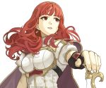  1girl breastplate cape celica_(fire_emblem) earrings fingerless_gloves fire_emblem fire_emblem_echoes:_mou_hitori_no_eiyuuou gloves hairband highres jewelry long_hair nenekantoku nintendo parted_lips red_eyes red_hair short_sleeves simple_background solo twitter_username upper_body white_background 