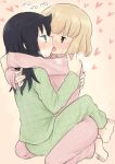  2girls barefoot black_hair blonde_hair breath commentary_request french_kiss green_eyes green_pajamas heart heavy_breathing hug kiss kuroki_tomoko long_hair meis_(terameisu) multiple_girls mutual_hug pink_pajamas plaid_pajamas polka_dot_pajamas short_hair sweat tongue tongue_out uchi_emiri watashi_ga_motenai_no_wa_dou_kangaetemo_omaera_ga_warui! yuri 