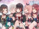  5girls :d afterglow_(bang_dream!) aoba_moka bang_dream! black_hair black_jacket black_legwear brown_eyes brown_hair cherry_blossoms choker commentary crying eyes_closed green_eyes grey_hair hand_holding hat hazawa_tsugumi interlocked_fingers jacket kneehighs long_hair looking_at_another midriff mitake_ran mizukikushou multicolored_hair multiple_girls open_mouth outdoors petals pink_hair red_hair short_hair sitting smile streaked_hair tears udagawa_tomoe uehara_himari 