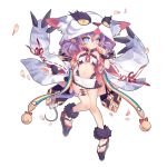  1girl animal_hood ark_order bell blue_eyes breasts cat_hood detached_sleeves fangs full_body hand_up hood ibex jingle_bell navel purple_hair short_hair short_twintails simple_background small_breasts standing thigh_strap twintails white_background wristband 