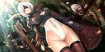  1girl black_gloves blindfold breasts cleavage cleavage_cutout commentary_request covered_navel day drone feather_trim forest gloves headband highleg highleg_leotard highres huge_weapon juliet_sleeves leotard long_sleeves medium_breasts nature nier_(series) nier_automata outdoors parted_lips pod_(nier_automata) puffy_sleeves robot short_hair solo sunlight sword thighhighs thighs turtleneck weapon weapon_on_back white_hair yashichii yorha_no._2_type_b 