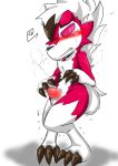  absurd_res anthro blush canid canine claws fur hi_res lycanroc male mammal nintendo nude penis pok&eacute;mon pok&eacute;mon_(species) rai red_fur simple_background solo tagme video_games white_fur 