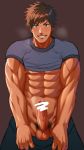  1boy abs bara blush brown_hair erection grin hihumi invitation male_focus muscle naughty_face pecs penis presenting pubic_hair red_eyes smile solo teeth testicles underwear undressing 
