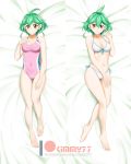  1girl alfred_cullado barefoot bed_sheet bikini breasts brown_eyes cleavage collarbone competition_swimsuit covered_navel dakimakura eyebrows_visible_through_hair from_above front-tie_bikini front-tie_top full_body green_hair hair_between_eyes highres looking_at_viewer lying medium_breasts multiple_views navel on_back one-piece_swimsuit orange_eyes patreon_logo pink_swimsuit rin_(yuu-gi-ou_arc-v) shiny shiny_hair shiny_skin short_hair side-tie_bikini smile solo swimsuit watermark white_bikini yu-gi-oh! yuu-gi-ou yuu-gi-ou_arc-v 
