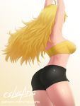  1girl ahoge arms_up ass back bare_arms bare_legs black_shorts blonde_hair breasts cslucaris female from_behind gradient gradient_background large_breasts legs long_hair midriff rwby shiny shiny_shorts shiny_skin short_shorts shorts solo standing strapless thick_thighs thighs tubetop wide_hips yang_xiao_long yellow_tubetop 