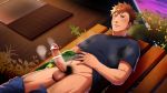  1boy blush body_hair bottomless brown_hair drooling erection hihumi male_focus outdoors penis pubic_hair saliva shirt_lift solo steam sweat testicles undressing 