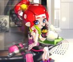  1girl amatcha bike_shorts black_shirt black_shorts blue_eyes cat cephalopod_eyes cup diffraction_spikes disposable_cup drinking emblem eyes_visible_through_hair hair_ornament hair_up holding holding_cup holding_towel ink_tank_(splatoon) inkling_(language) jajji-kun_(splatoon) kojajji-kun_(splatoon) lens_flare light_blush light_particles makeup mascara nail_polish octoling octoshot_(splatoon) pillow pointy_ears purple_background purple_footwear red_hair red_nails shirt shoes short_hair short_ponytail shorts single_vertical_stripe sitting splatoon splatoon_(series) splatoon_2 squid suction_cups sweat tank_top tentacle_hair towel wiping_face 