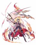  1girl absurdly_long_hair armor armored_dress bangs blush breasts cape chains cleavage commentary dress eyebrows_visible_through_hair fate/grand_order fate_(series) fire floating_hair full_body fur_collar fur_trim gauntlets granblue_fantasy greaves grin hair_between_eyes headpiece highres holding holding_sword holding_weapon jeanne_d&#039;arc_(alter)_(fate) jeanne_d&#039;arc_(fate)_(all) kakage large_breasts long_hair looking_at_viewer medium_breasts sidelocks silver_hair simple_background smile solo standard_bearer sword thighhighs tsurime very_long_hair weapon white_background yellow_eyes 