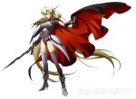  1girl armor bangs blonde_hair boots breasts brown_eyes cape center_opening cleavage covered_navel gauntlets groin hair_ornament high_heel_boots high_heels highres holding holding_cape holding_sword holding_weapon langrisser langrisser_ii leotard long_hair looking_at_viewer medium_breasts official_art rana_(langrisser) short_sleeves simple_background solo source_request sword thighhighs turtleneck very_long_hair watermark weapon white_background 